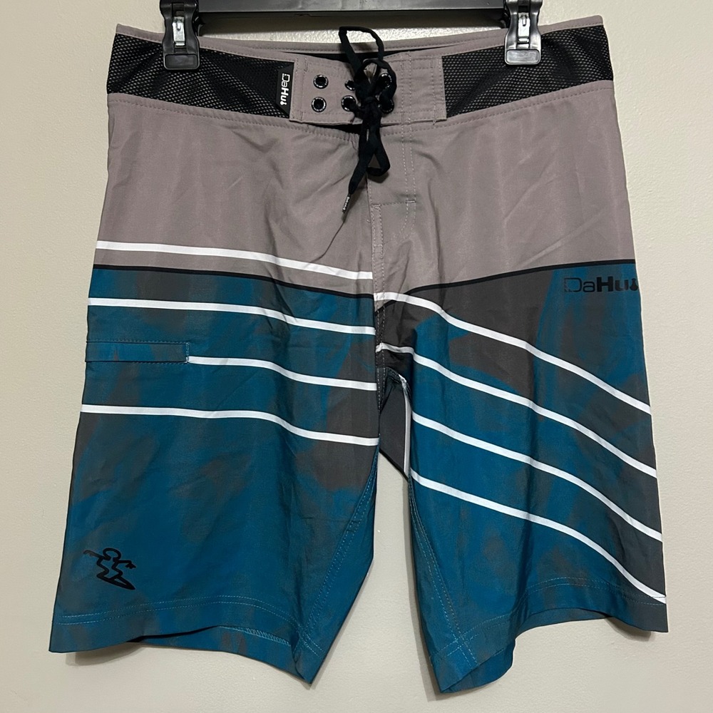 DaHui Board Shorts Mens 30 Gray Teal Excellent Striped Surf Swim Trunks Vacation